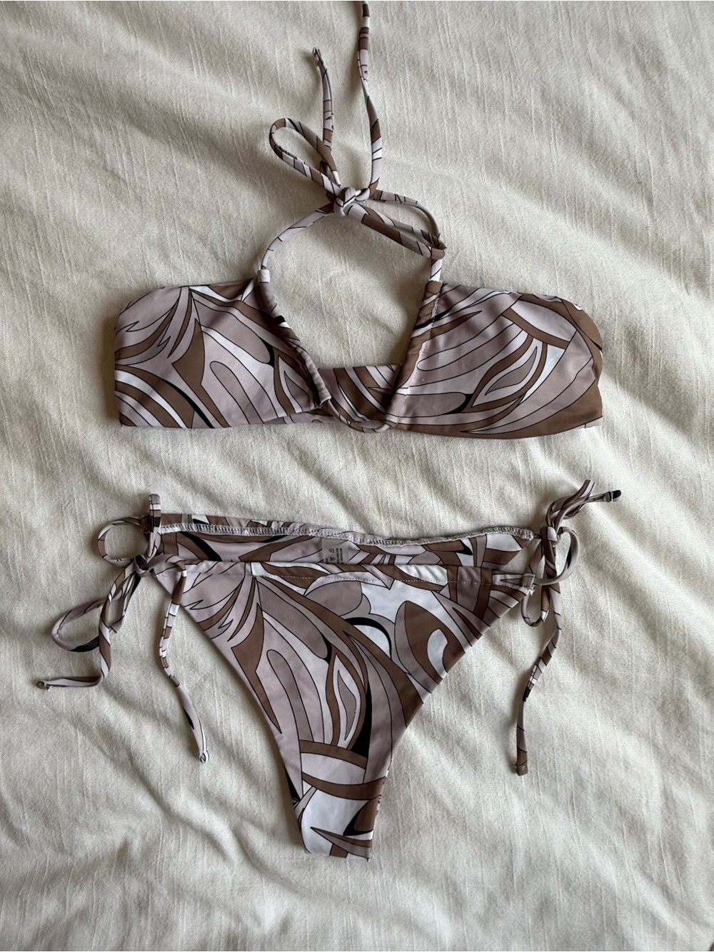 SHEIN Brown and White Swirl Print Tie Bikini